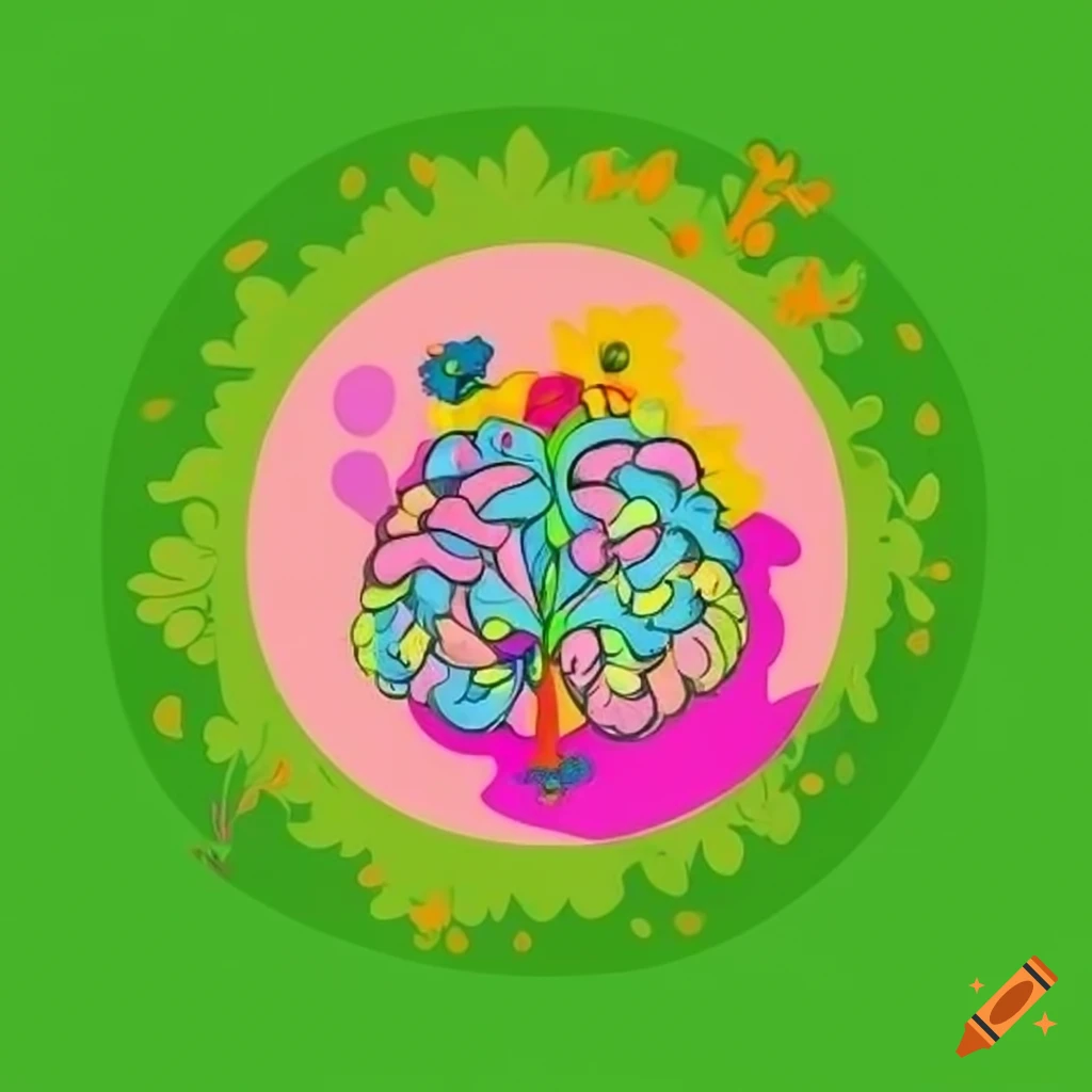 Cartoon logo of a colorful floral brain on an open book with grass and butterflies