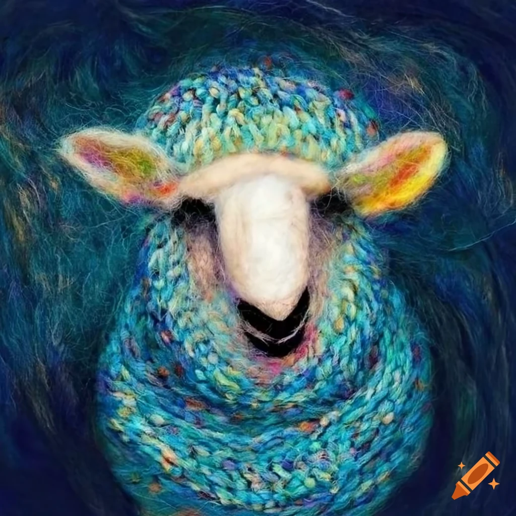 Colorful felted wool sheep resembling starry night yarn stitching