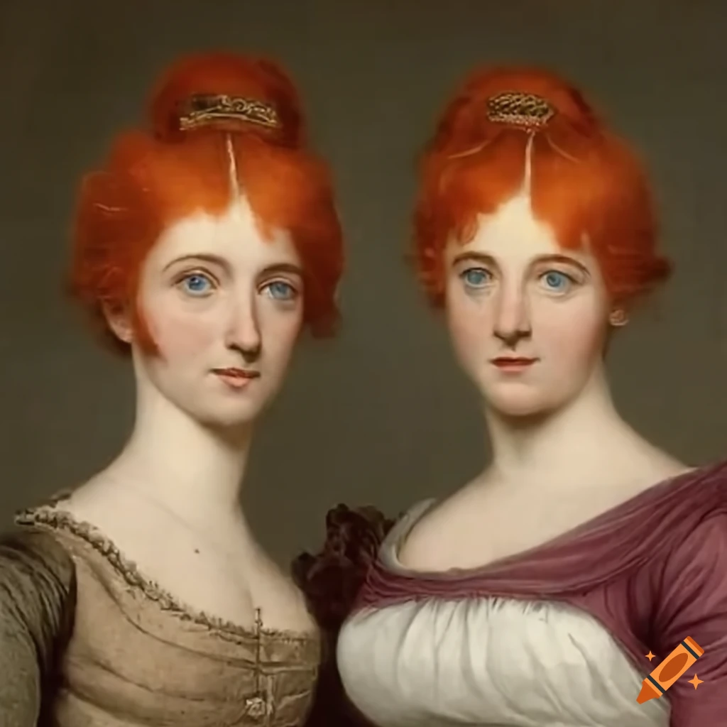 Regency-era identical twin women with red hair and ice blue eyes, one fierce and married to a poor man, the other mild-mannered