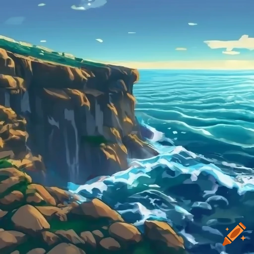 Sea cliffs next to the ocean in anime art style on Craiyon