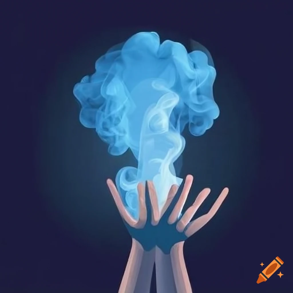 Malayalam letters and blue smoke emerging from opened hands