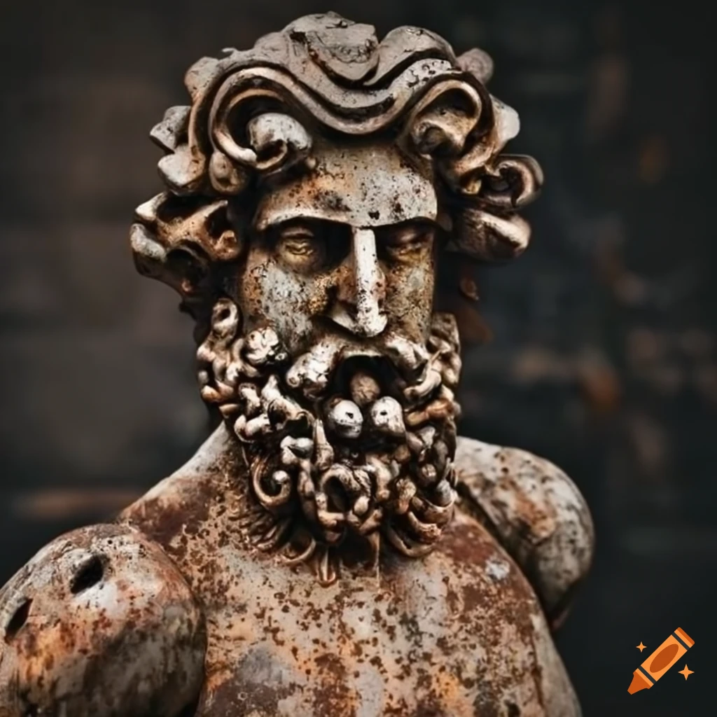 Greek God statue made of rusty iron, rivets, and scrap metal on Craiyon