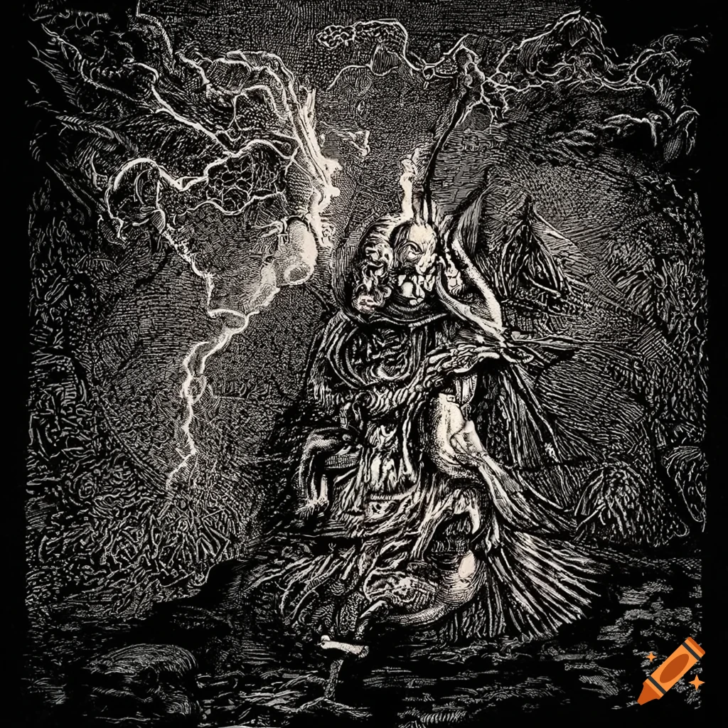 Ancient etchings of saiyajin flying above humans with lightning and storm