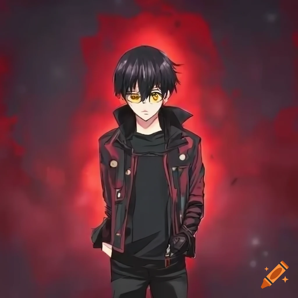 Anime character with red leather jacket and black jeans in a dark ...