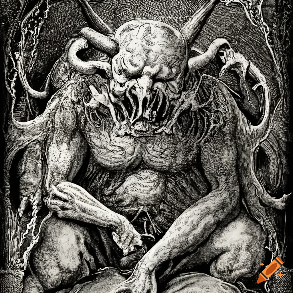 Satanic depiction with snakeman resembling Jesus in ancient Japanese engravings