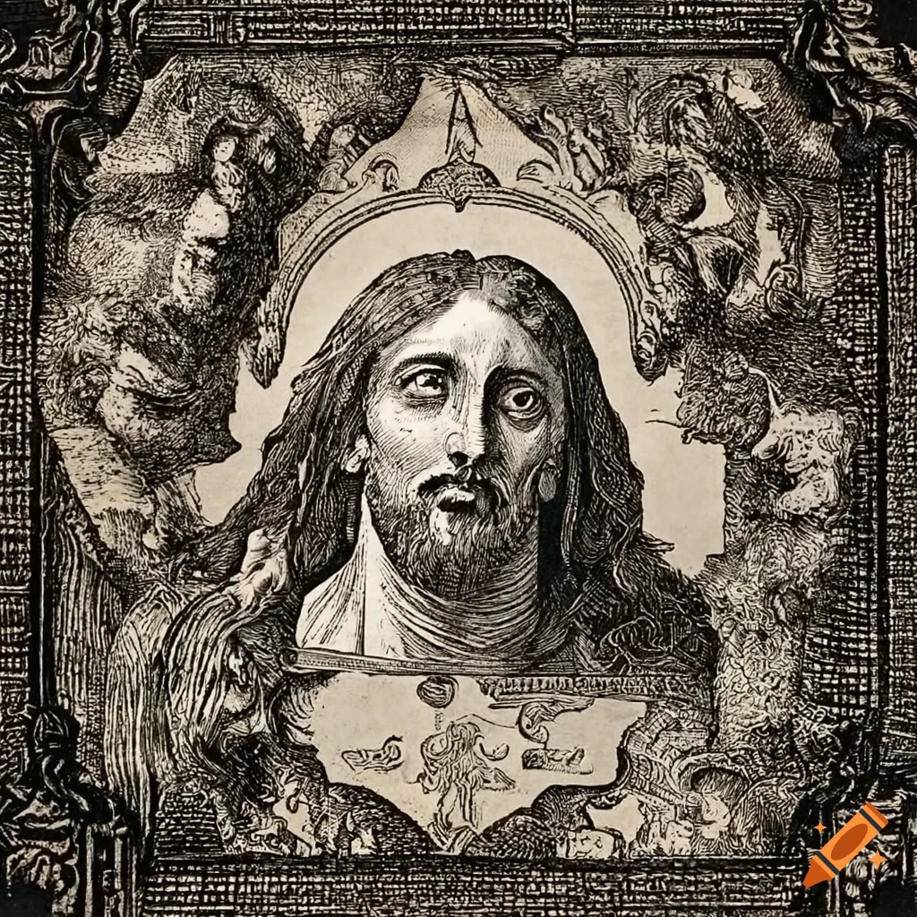 Baroque etching of the devil as the shadow of jesus in an ancient holy ...