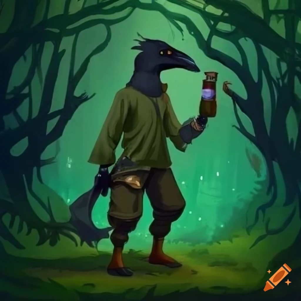 Anthropomorphic raven with potion and pistol in magical forest
