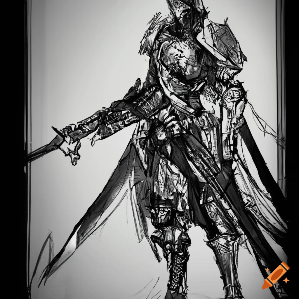 Fantasy Knight in black and white by Yoji Shinkawa on Craiyon