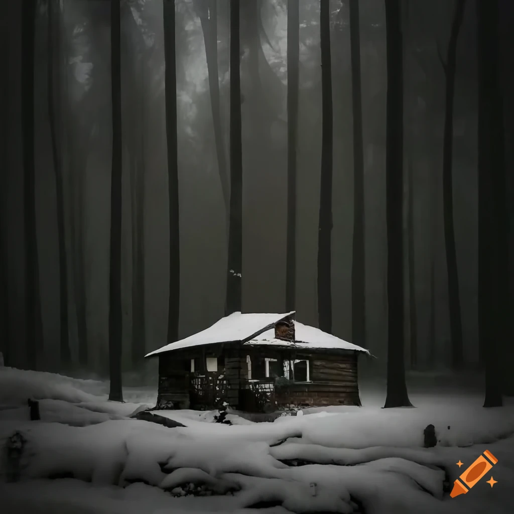 Dark spooky forest with a snowy house on Craiyon