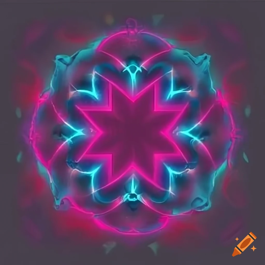 Grey background with neon fuchsia shapes and glossy blue tribal Y2K star shapes