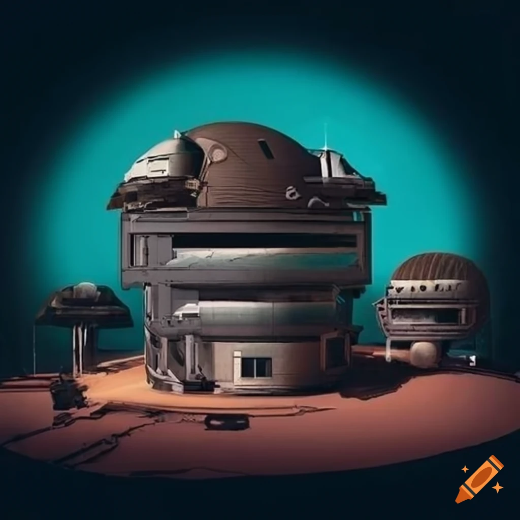 Technical drawing of a retro-futuristic living pod barracks