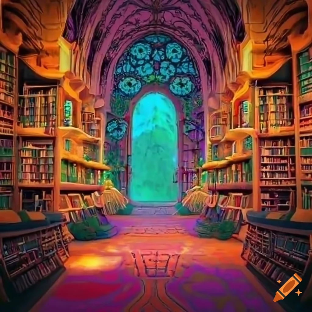 Colorful 1970s-inspired fantasy forest library with a groovy hippie ...
