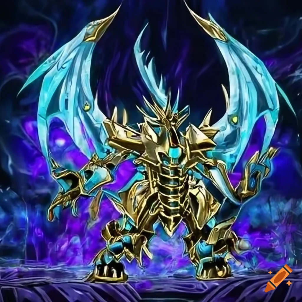 Mechanical dragon with gold armor plating and cyan eyes in yugioh art