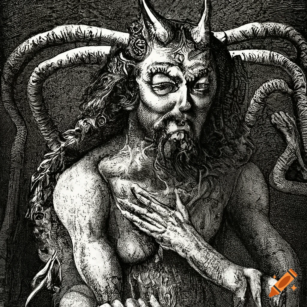 Satanic depiction with snakeman resembling Jesus in ancient Japanese engravings