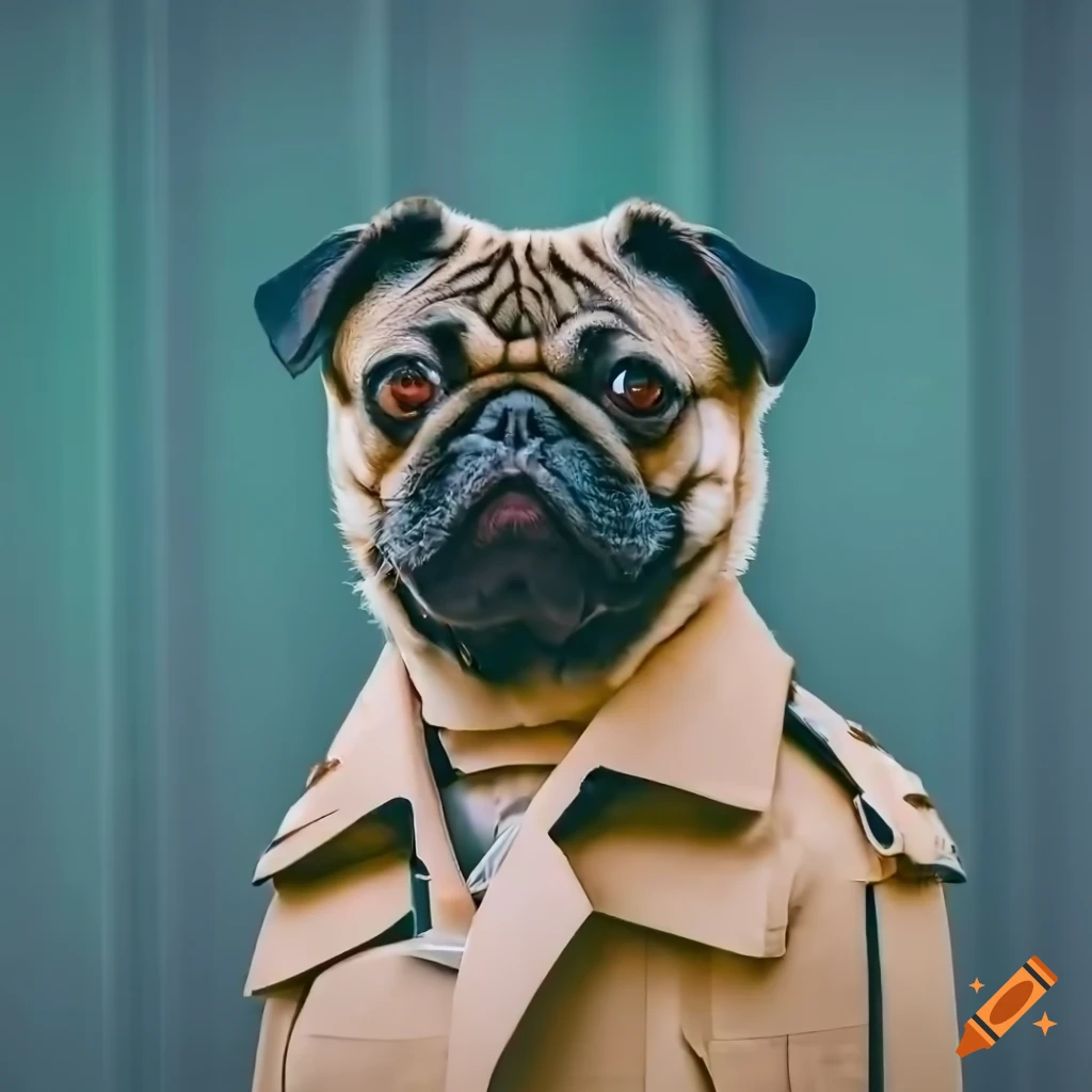 Happy anthropomorphic pug in trench coat suit at futuristic Japanese market