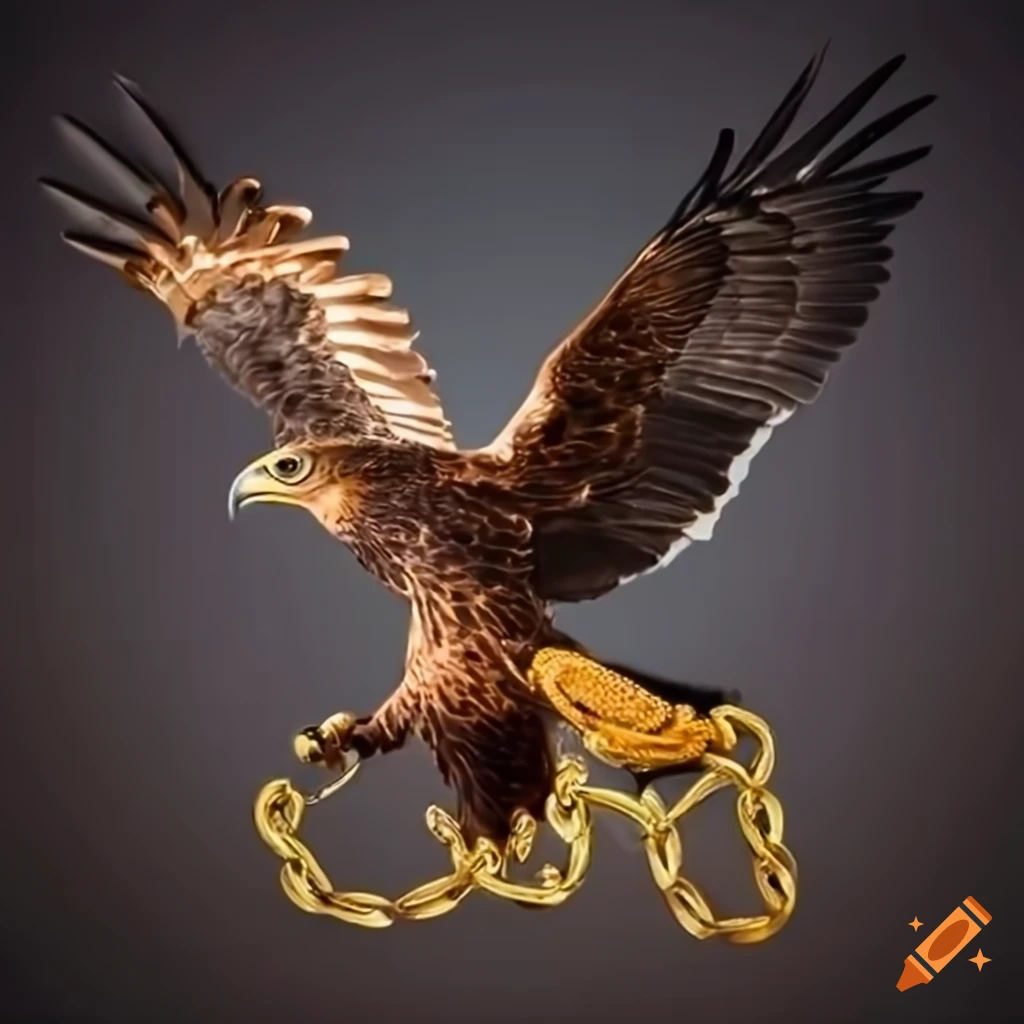 Golden eagle with a golden chain and dollar pendant flying in a ...