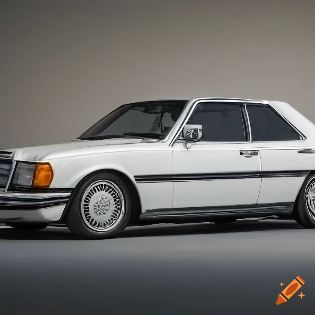 Mercedes C123 1983 Coupé in metallic white with lowered stance and golden BBS wheels
