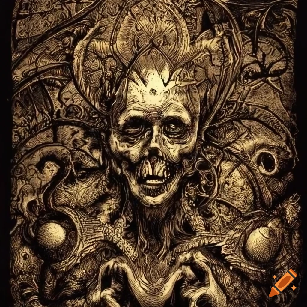 Intricate baroque etchings for an ancient mystical occult book with a dark theme