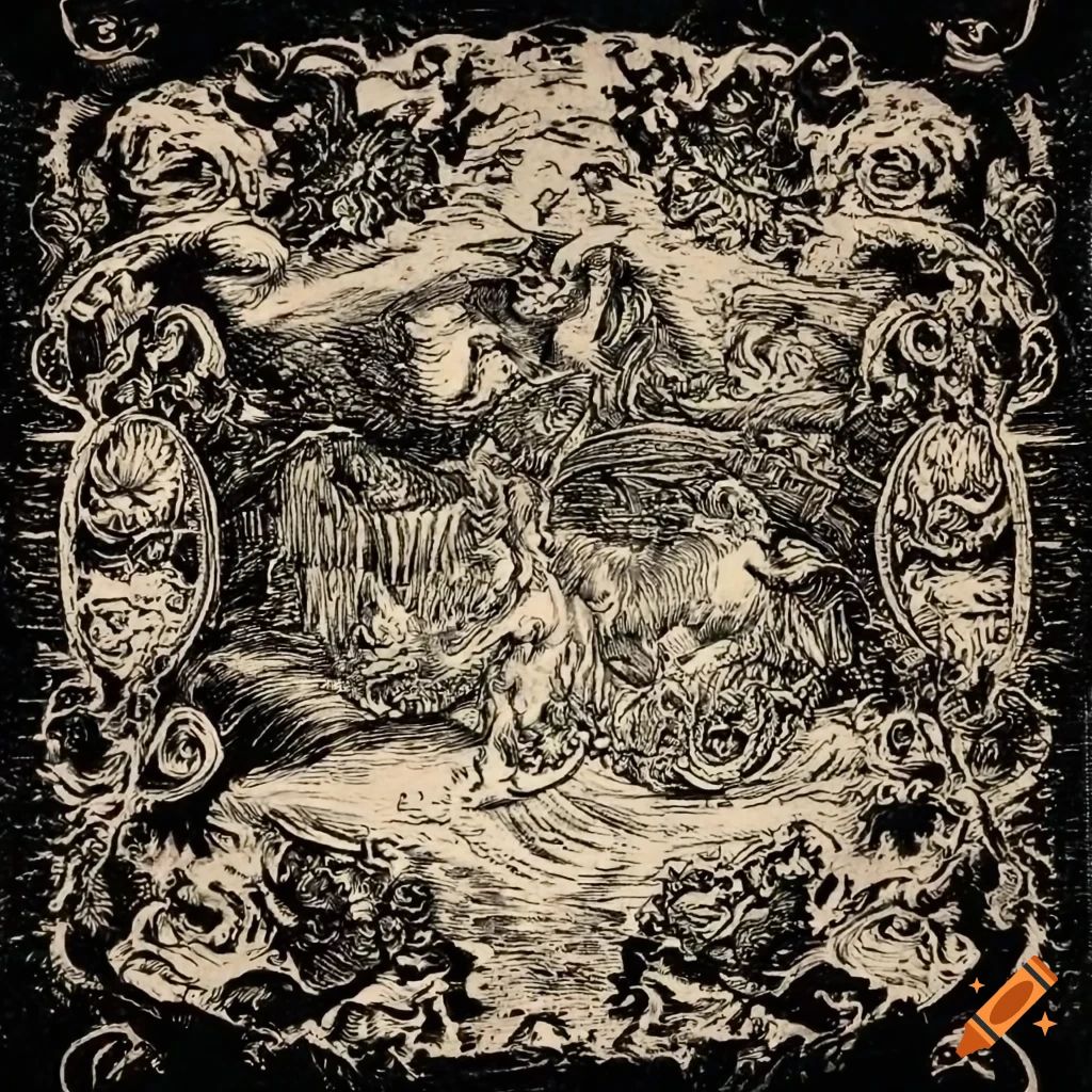Intricate baroque etchings of saiyans in a mystical woodcut design