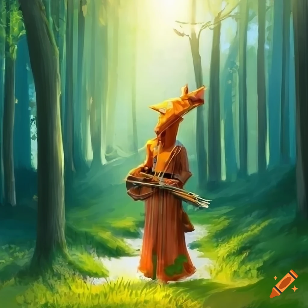 Orange humanoid dragon bard playing violin in sunlit forest