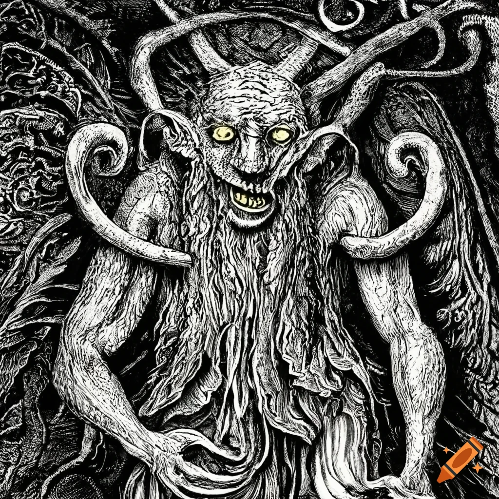 Satanic depiction with snakeman resembling Jesus in ancient Japanese engravings