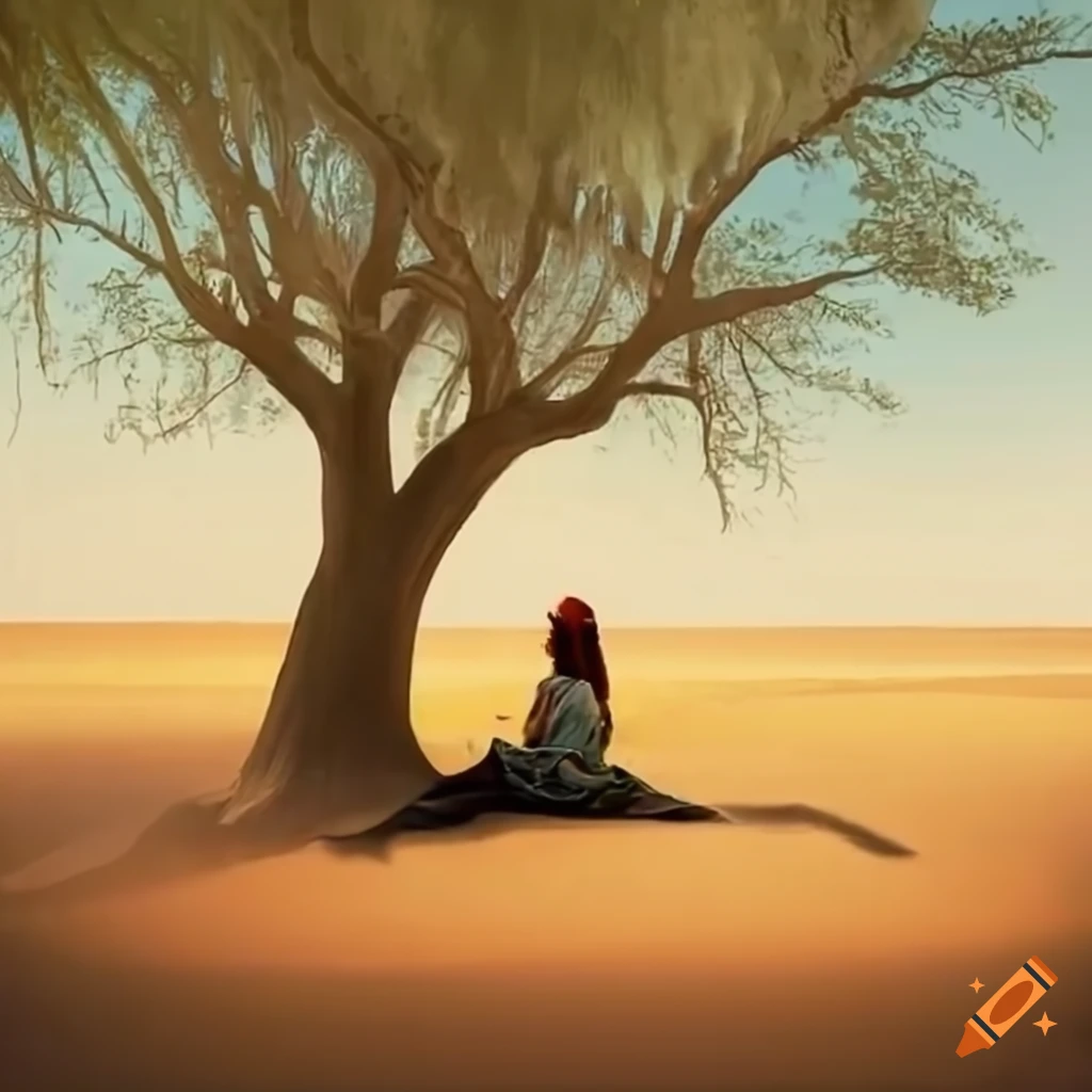 Rider resting under a tree in a desert oasis