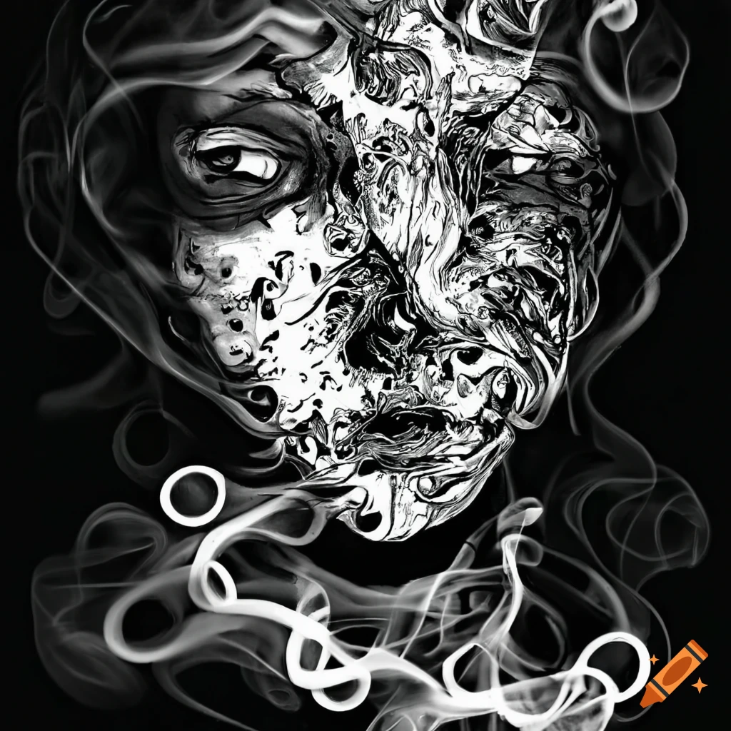 Black and white etching of a smoky face