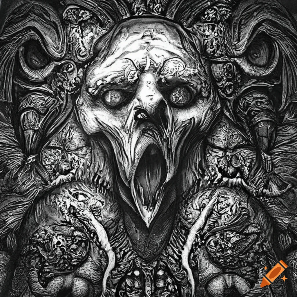 Baroque etchings for a mythological mystical book in a dark and mysterious style