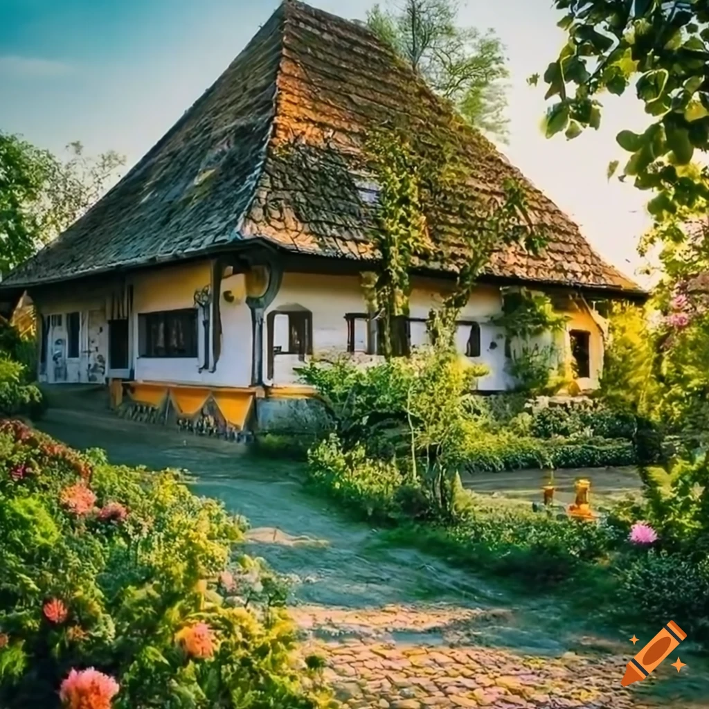 Illustration of a vibrant Romanian house with lush garden, village cats, and bunnies