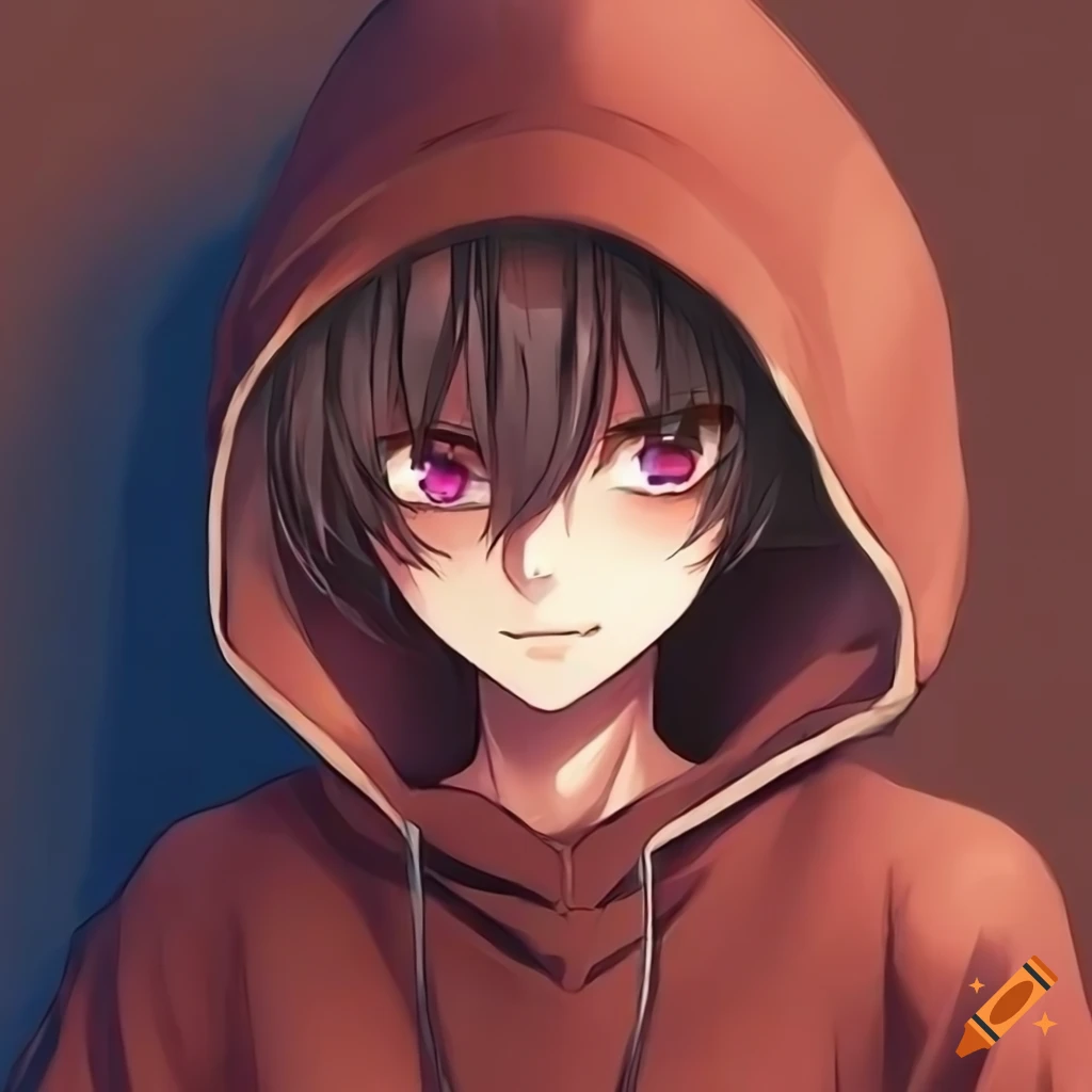 Anime boy with long brown hair in a hoodie and pretty eyes