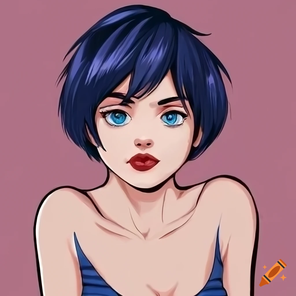 Comic book girl with short black hair and blue eyes laying in bed