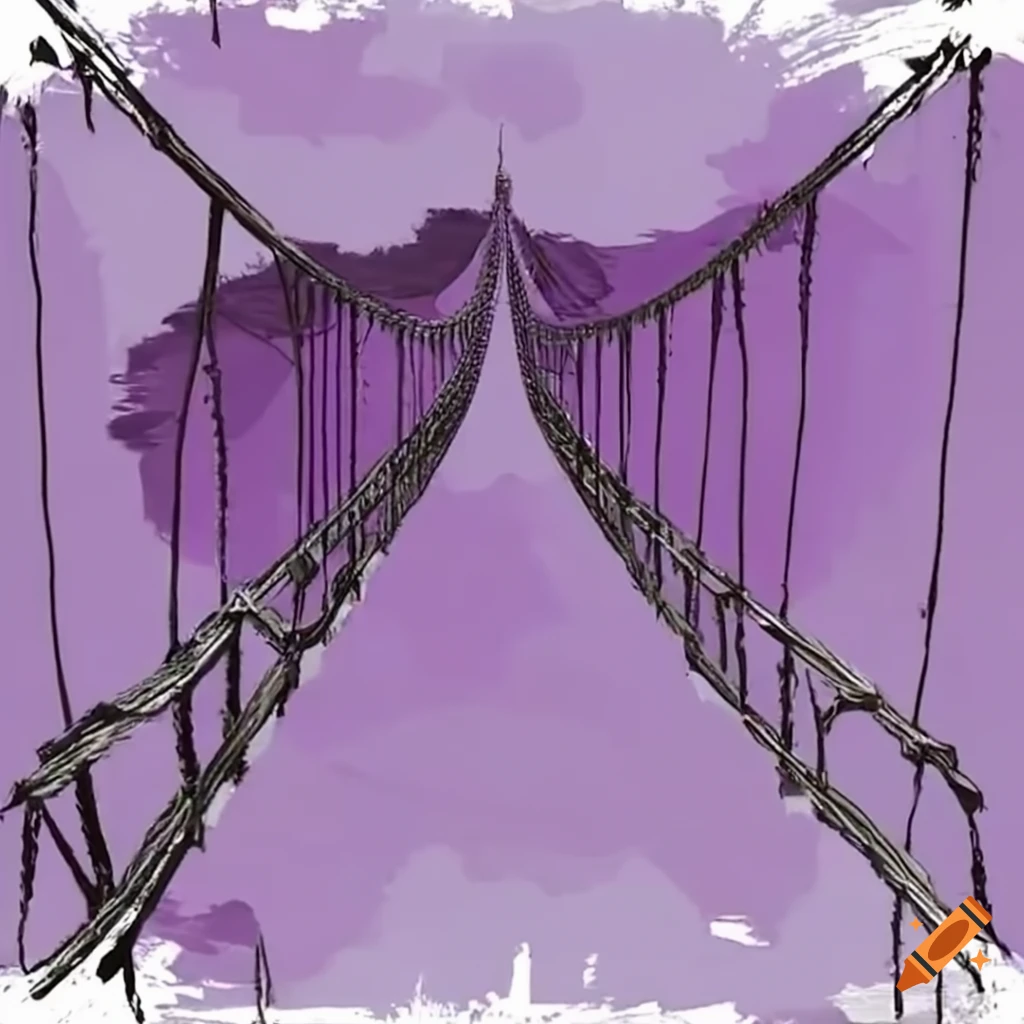 Empty rope bridge between jagged purple cliff faces