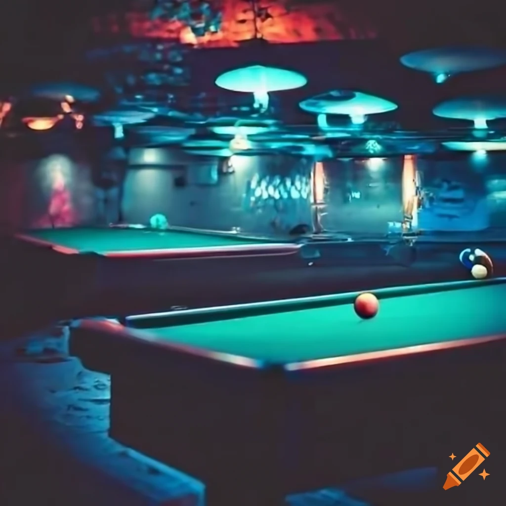 Futuristic billiards club with a bar in the background