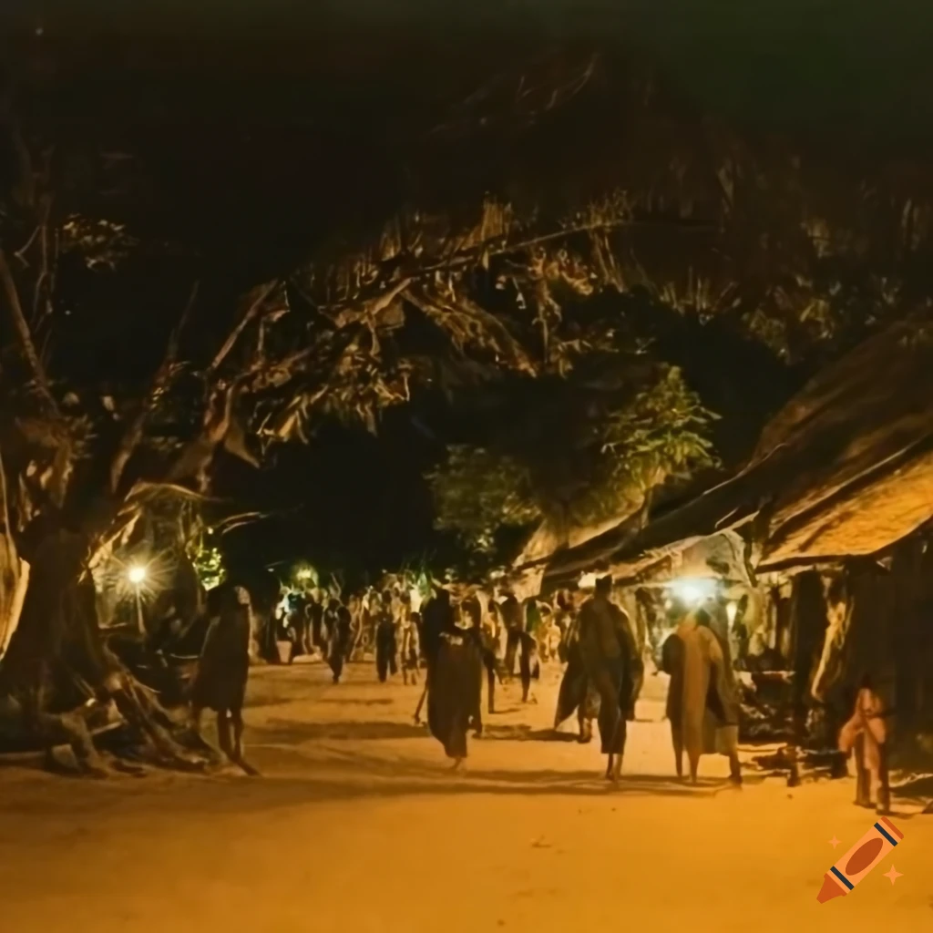 People walking under a tree in a Vietnamese village at night in the 1900s