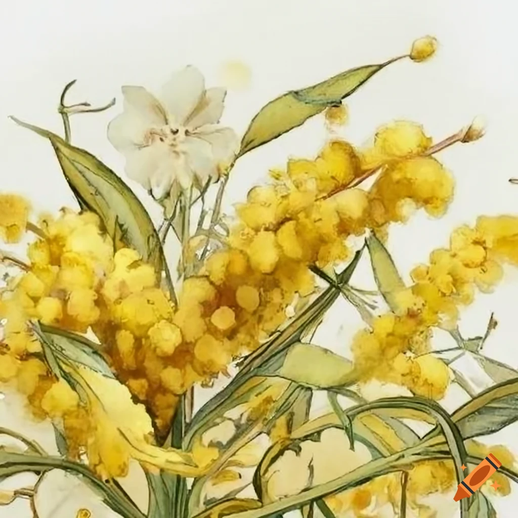 Golden wattle and arabian jasmine in detailed watercolor style inspired by William Morris and Alphonse Mucha