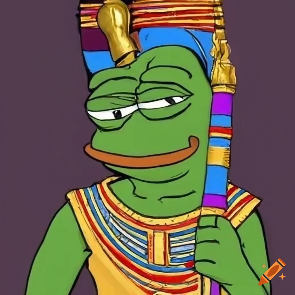Pepe the Frog in an Egyptian headdress with a golden scepter