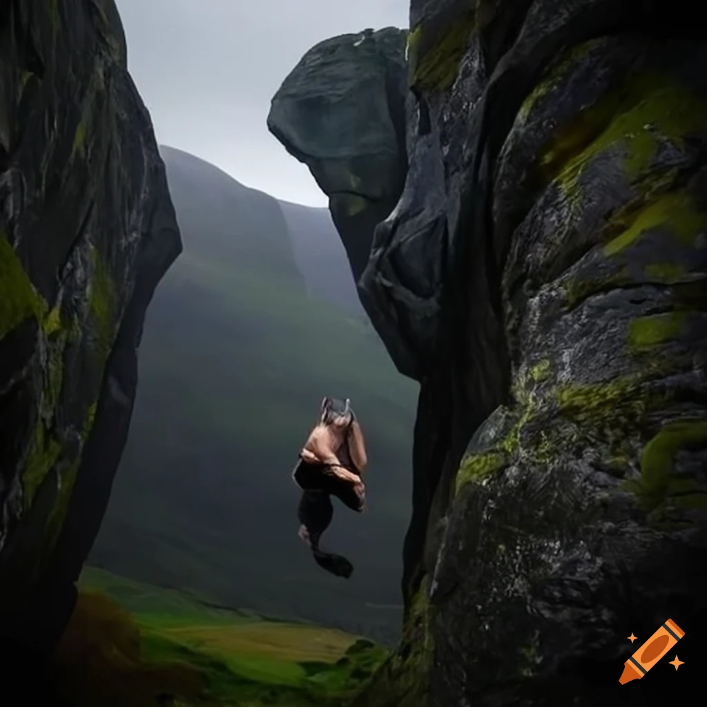 Climbing in Scottish Highlands with skull-shaped steampunk rocks