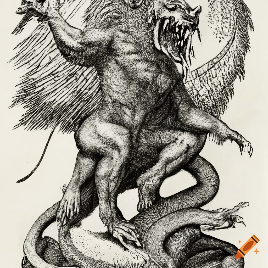 Ancient engraving of a chimera with two goat legs, representing a mystical and mysterious mythological figure