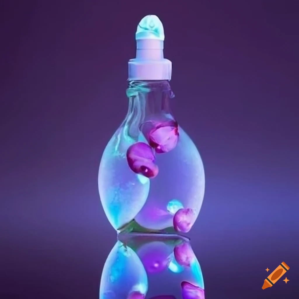 Elegant bottle of glowing fairy-themed serum on a reflective surface