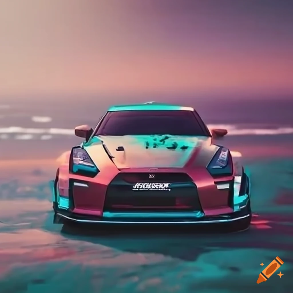 Nissan GTR drifting on the beach