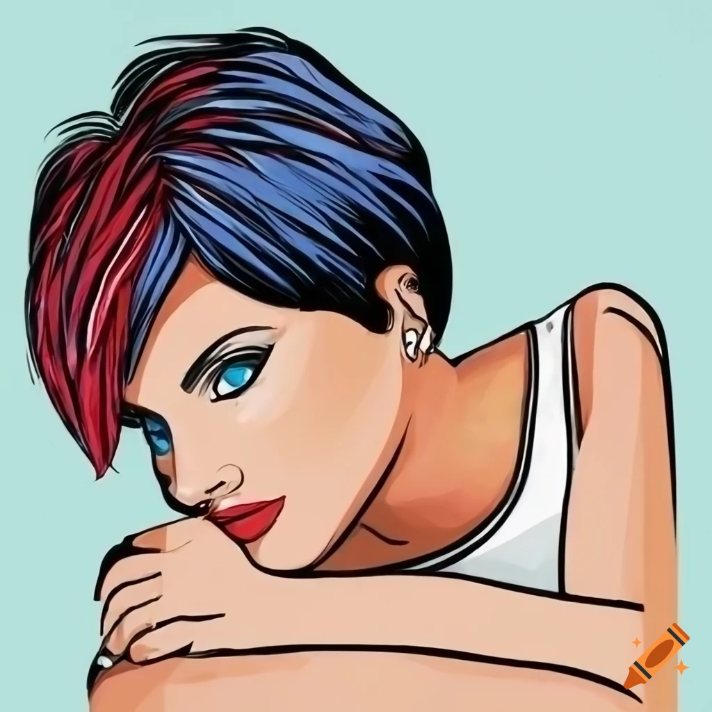 Comic book style girl with black pixie cut hair and blue eyes in a white basketball jersey laying in bed