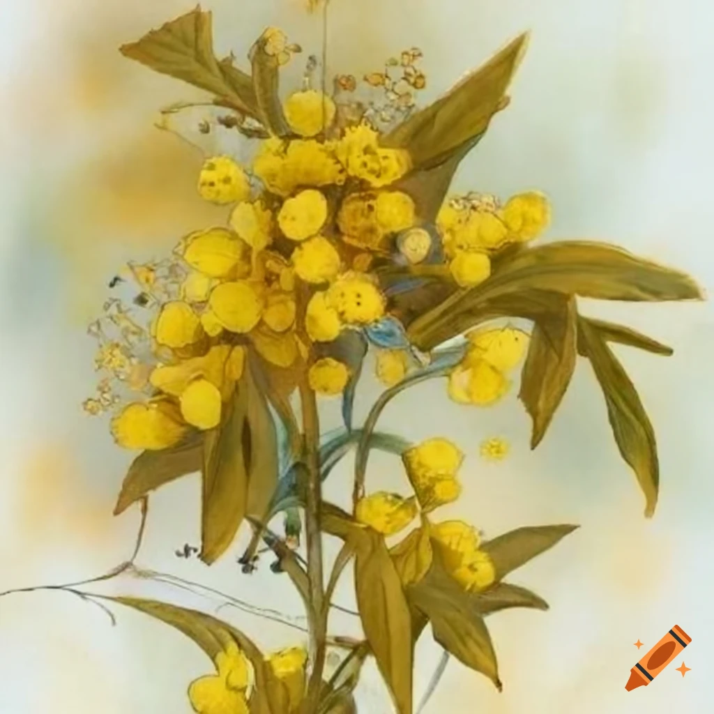 Golden wattle and arabian jasmine flowers on a white backdrop in intricate watercolor style