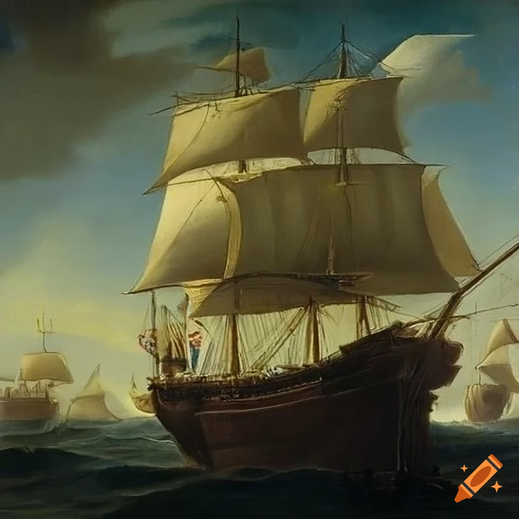 Sea battle scene from an 1800 oil painting