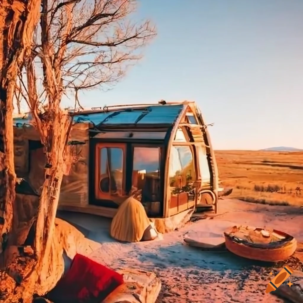 Earthship in Colorado plains with camper and outdoor patio