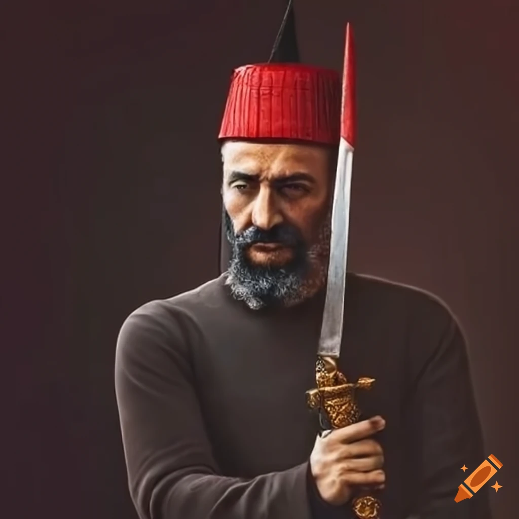 Turkish man in traditional attire holding a sword with flag in background