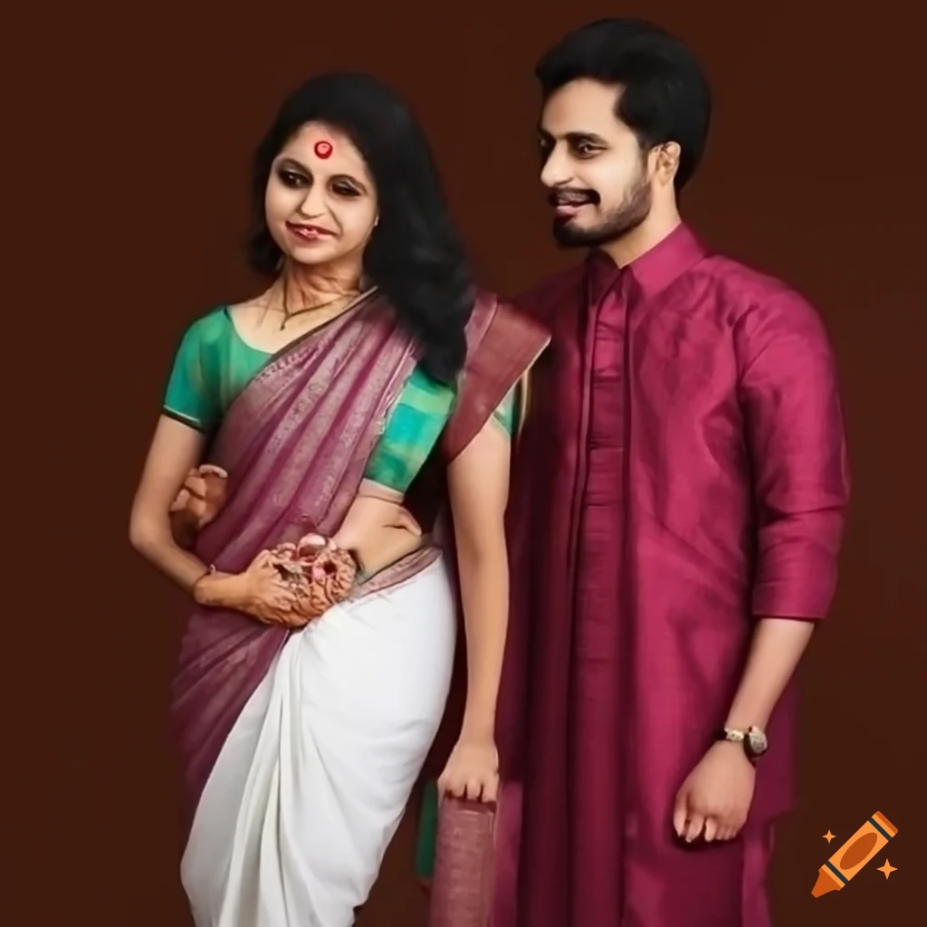 30-year-old woman in saree and 35-year-old man in traditional wear as a couple