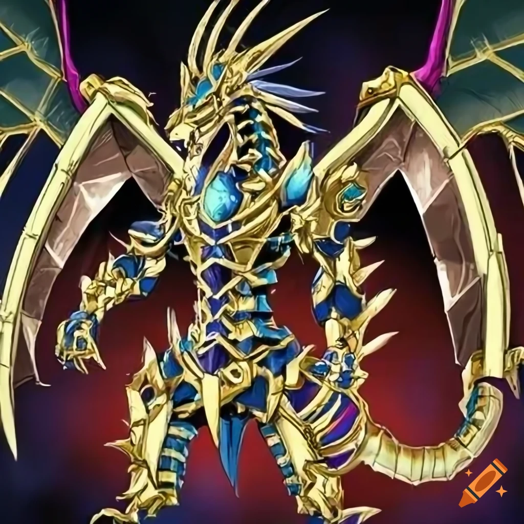 Mechanical dragon with gold armor plating and cyan eyes in yugioh art