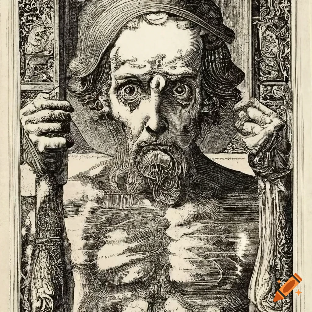 Intricate baroque etchings of light-bearing humans from an ancient holy ...