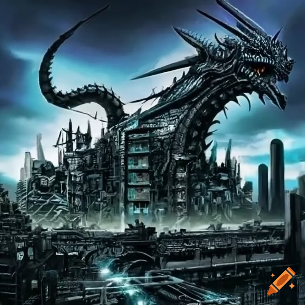 Dystopian metropolis war scene with cybernetic behemoth and ancient ...