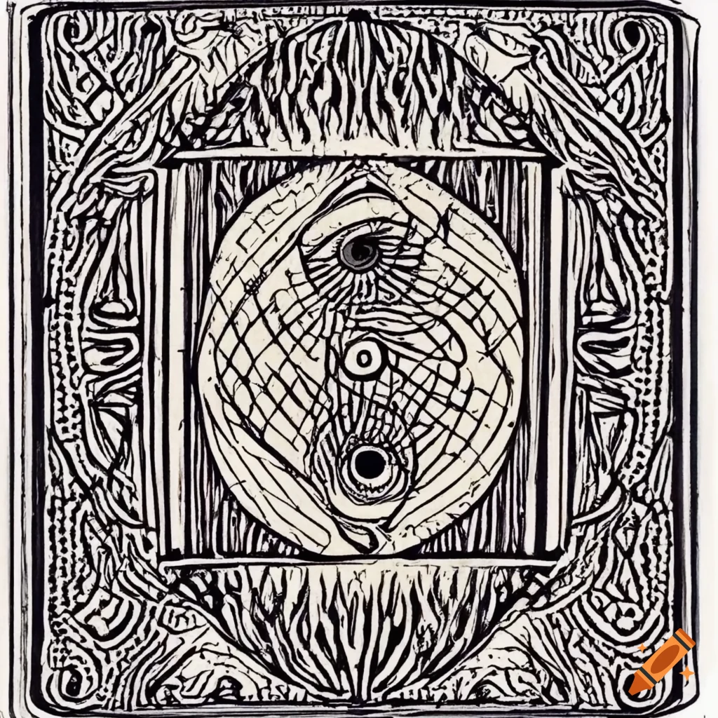 Old tarot card style line etching of an eye